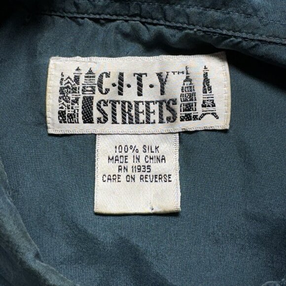 100% SILK Shirt Men Size M Green City Streets Button Down Short Sleeve 9-17 - Picture 5 of 13